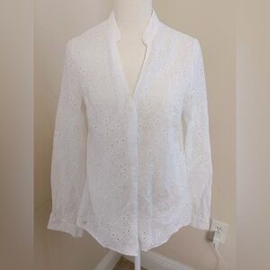 White Eyelet Button-Down Shirt with Feminine Detailing